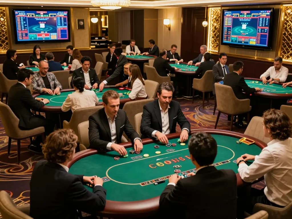 Experience high-stakes action at xx88 in a luxurious VIP gaming area with elegant poker tables and intense gameplay.