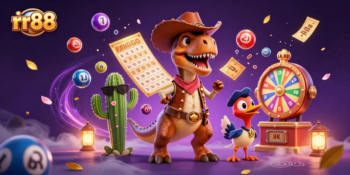 Play exciting lottery games with rr88 amidst colorful dynamic elements and whimsical characters.