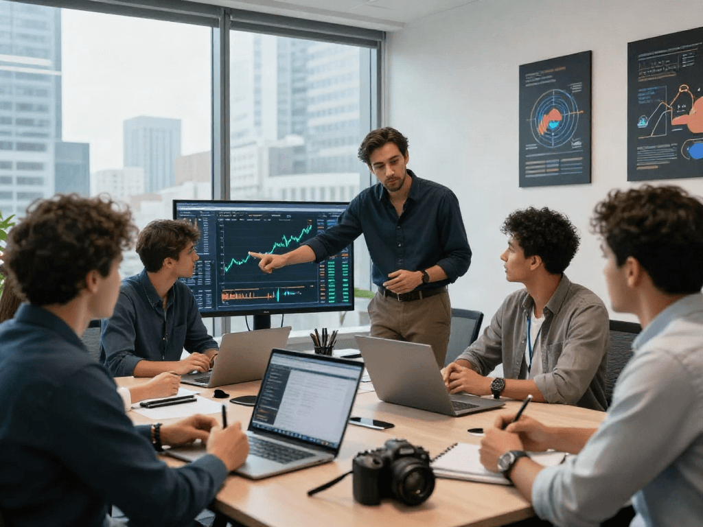 Comprar criptomonedas en una reunión sobre inversiones, grupo diverso de profesionales analizando gráficos y tendencias del mercado.