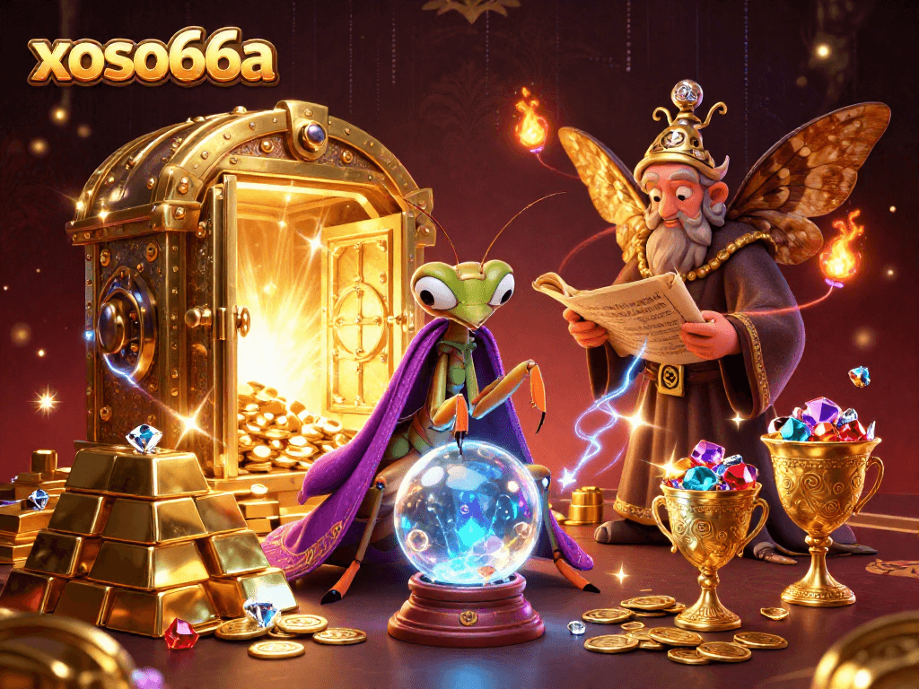 Experience the vibrant world of xoso66a with a mystical fortune teller and elements of fortune.