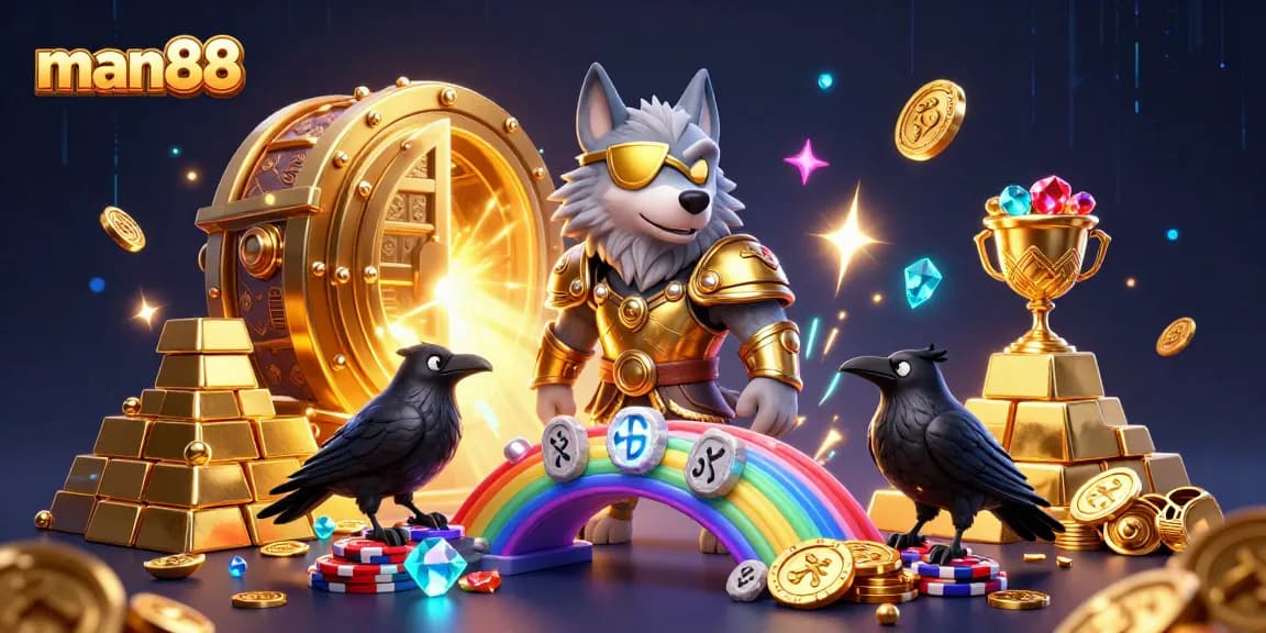 man88 showcases a vibrant 3D casino scene with Odin, ravens, and treasures, guaranteeing thrilling gaming experiences.