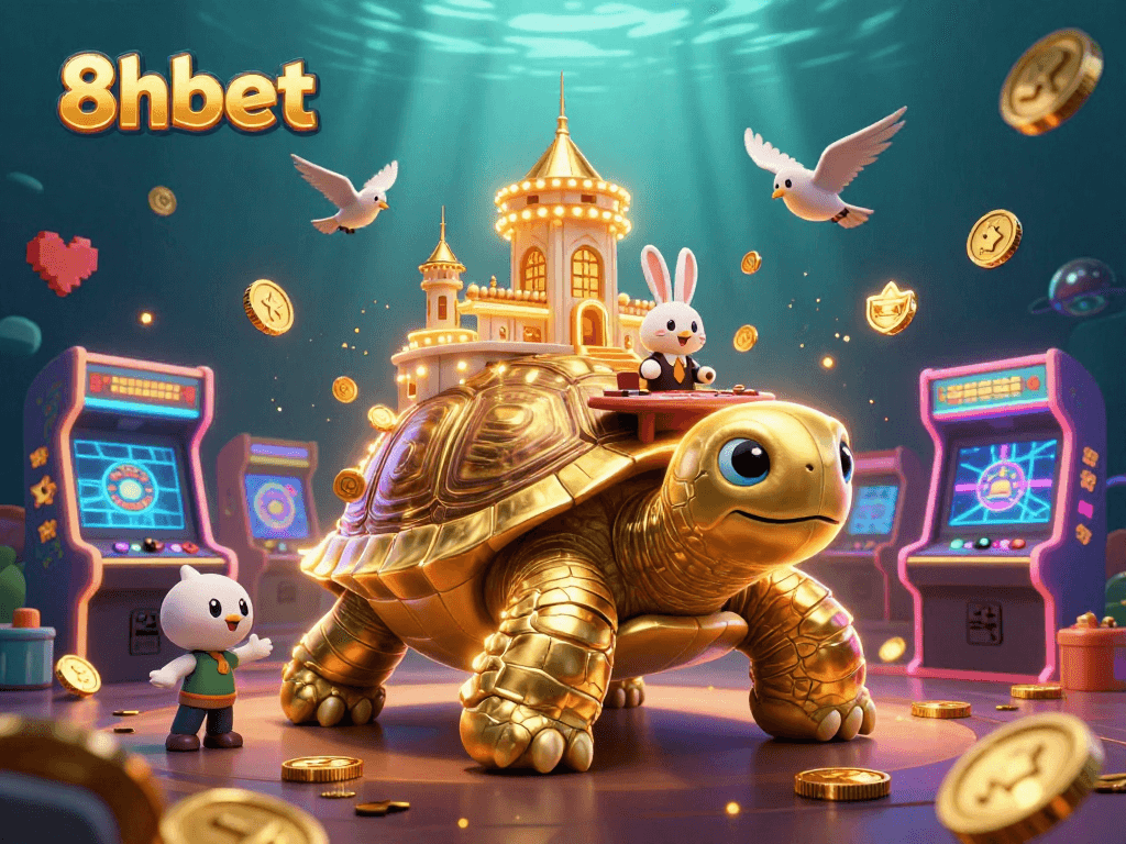 Experience thrills at 8xbet with a fantastical casino scene featuring vibrant game elements and a golden tortoise.
