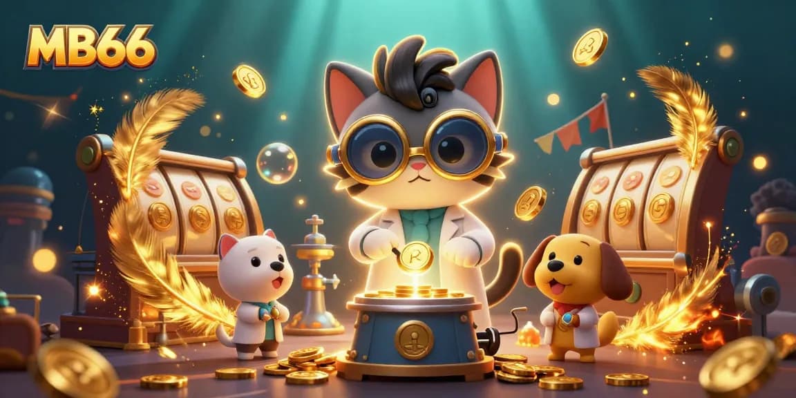 Join the fun at MB66 with a lively scene of cartoon characters creating gold coins amidst a casino atmosphere.