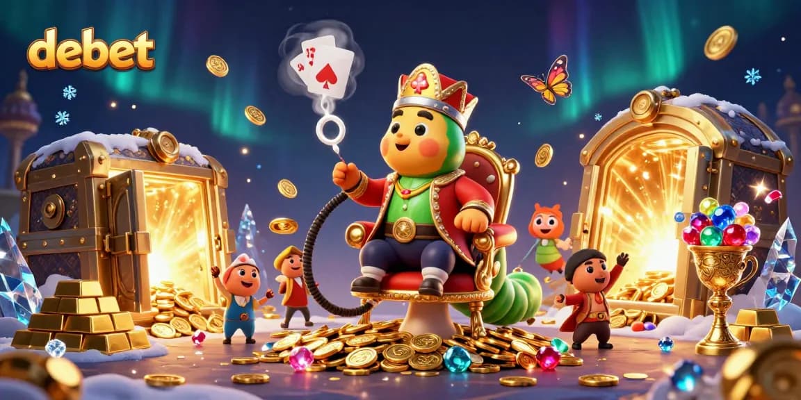 Experience fun and thrill with debet's vibrant 3D casino-themed illustration showcasing poker hands and treasures.