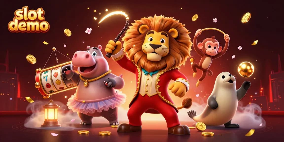 Slot demo yang menarik dengan singa pengatur sirkus dan simbol keberuntungan berkilauan.