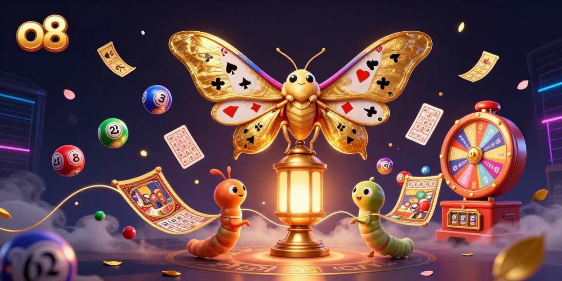 Engage with vibrant lottery balls and golden elements at o8's exciting online casino.