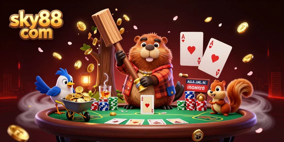 Engaging illustration of sky88 com depicting a beaver and friends in a lively casino scene