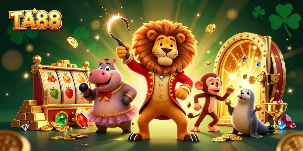 Immerse in the excitement of TA88 with vibrant circus characters and slot game elements.