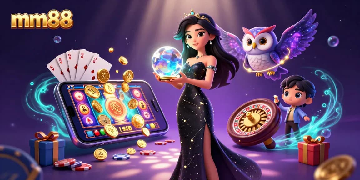 Experience the magic of mm88 with a stunning illustration of casino games and a mystical character.