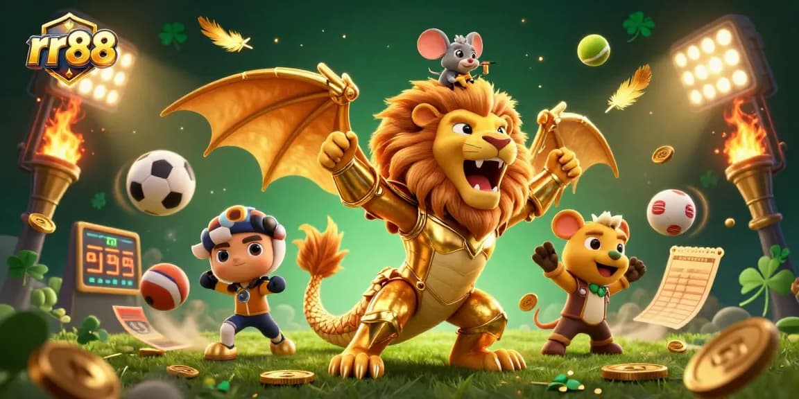 Experience the thrill of rr88 with a golden chimera and sports bets in an exciting casino scene.