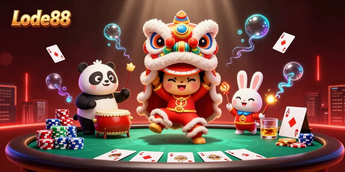 Lode88 features a dynamic 3D scene with a lion dance and lively gambling elements.