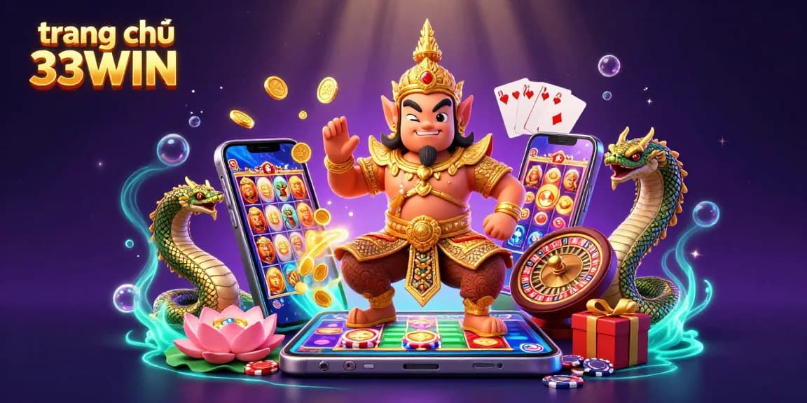 Experience the excitement of trang chủ 33WIN with vibrant casino elements including a yaksha guardian and slot games.