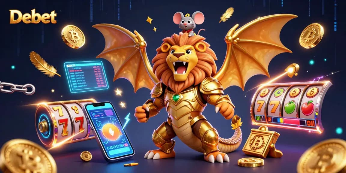Join Debet in a triumphant casino adventure featuring a chimera and crypto-themed gaming elements.
