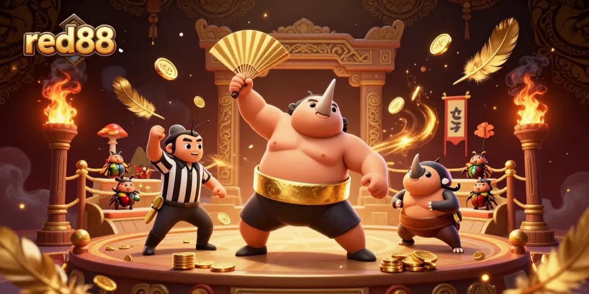 Experience thrilling moments with red88 as a sumo champion beetle stomps coins in a lively arena.