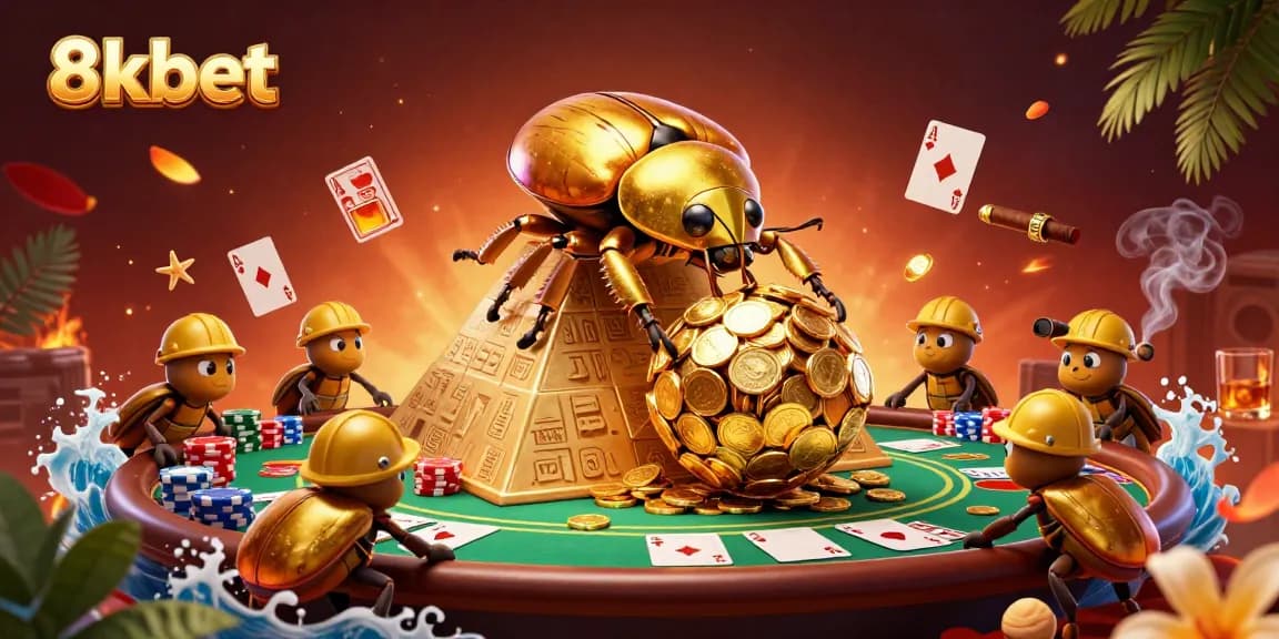 Experience thrilling moments at 8xbet with a dynamic scene of golden beetles rolling in casino glory.