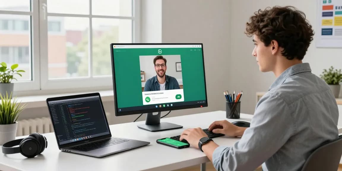 Professional using WhatsApp電腦版 for video calls in a modern workspace with technology.