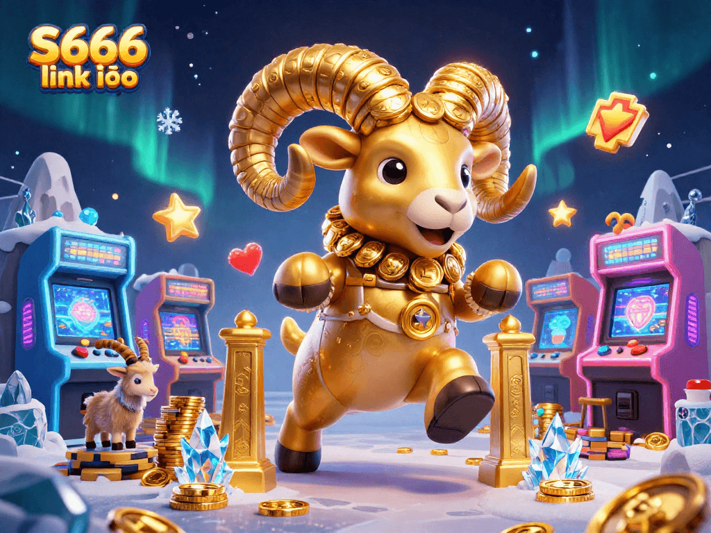 S666 link vào showcases a golden ram charging through a dazzling casino scene filled with exciting game elements.