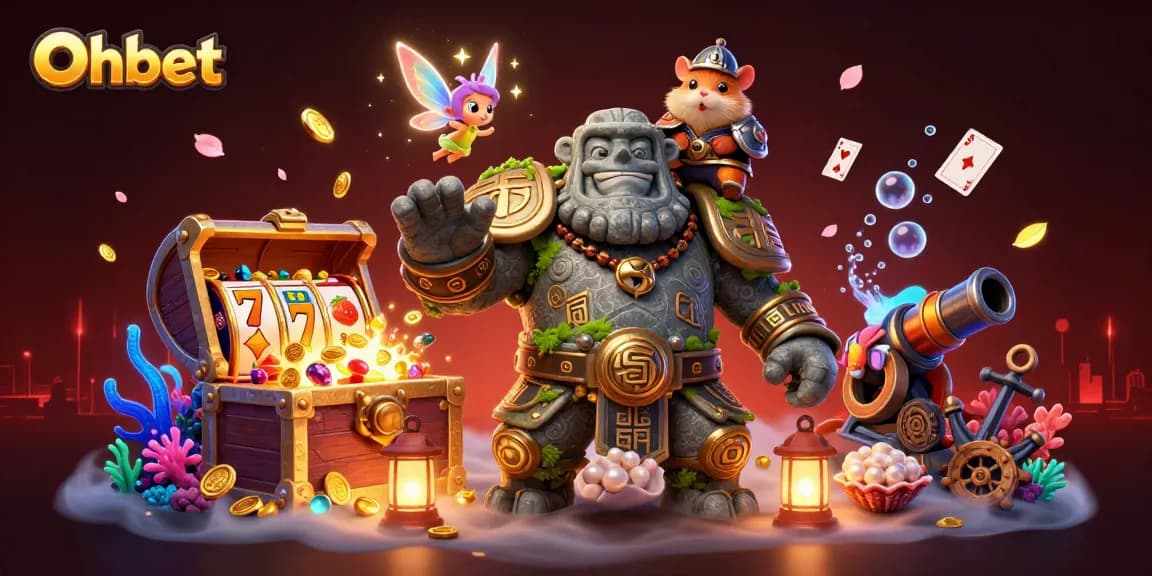 Engaging Oxbet illustration with a magical golem, fairy, and hamster knight amid vibrant casino elements.