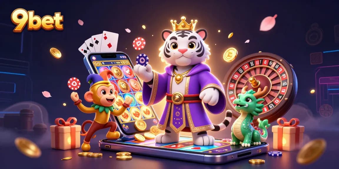 Experience thrilling gameplay with 9bet's vibrant 3D casino illustration featuring festive characters.