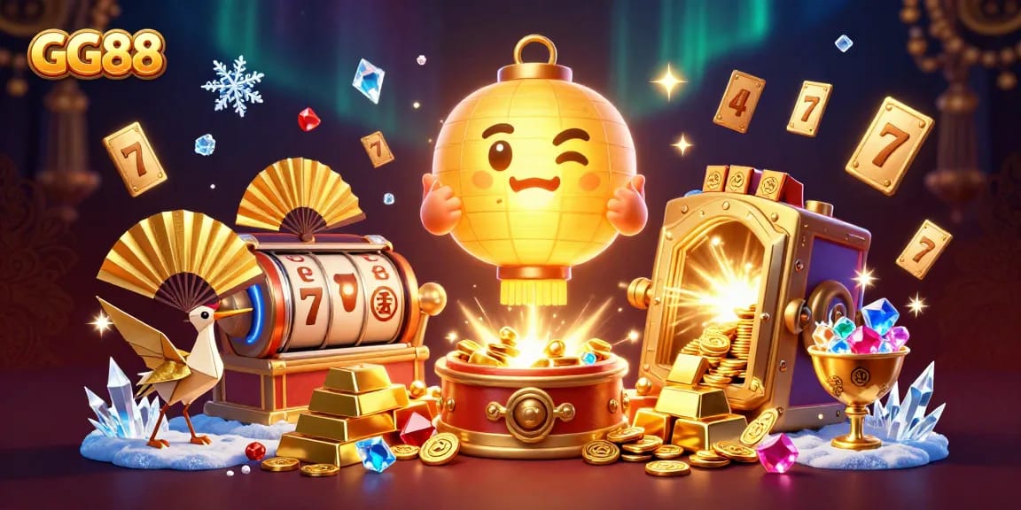 Experience golden luck with GG88's vibrant casino adventure, showcasing unique game symbols and treasures.