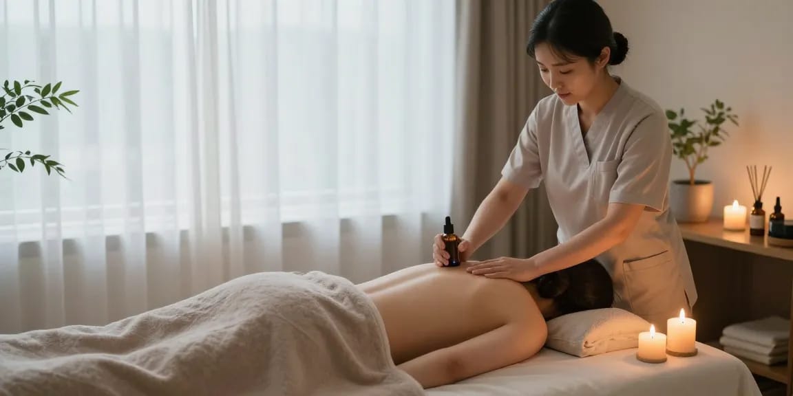 Relaxing 김포출장마사지 scene in a tranquil spa room with soft lighting and aromatherapy elements.