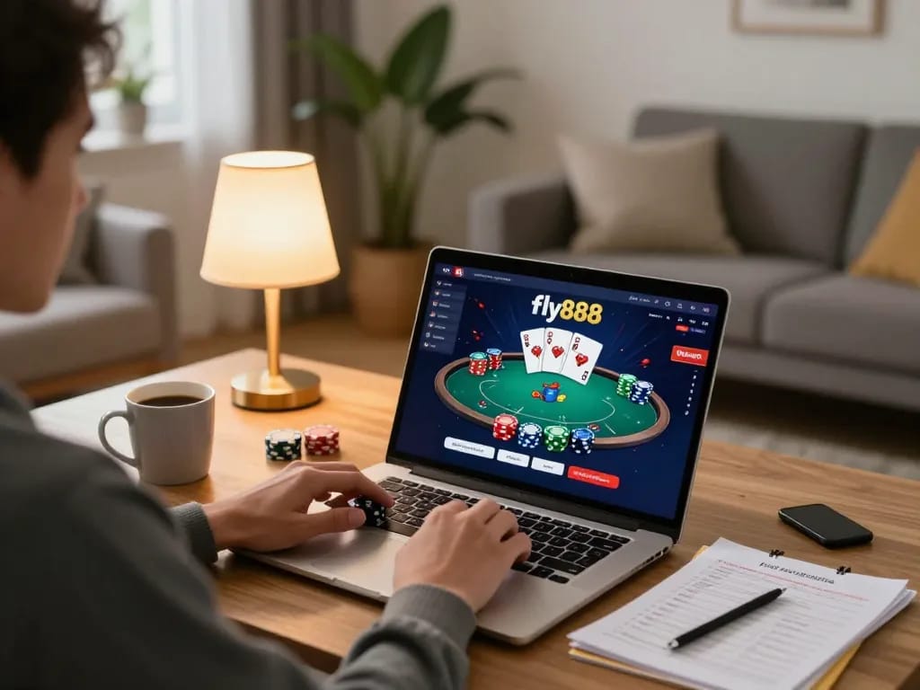 Engaging in online poker on fly888 with an inviting home setup and strategic notes.