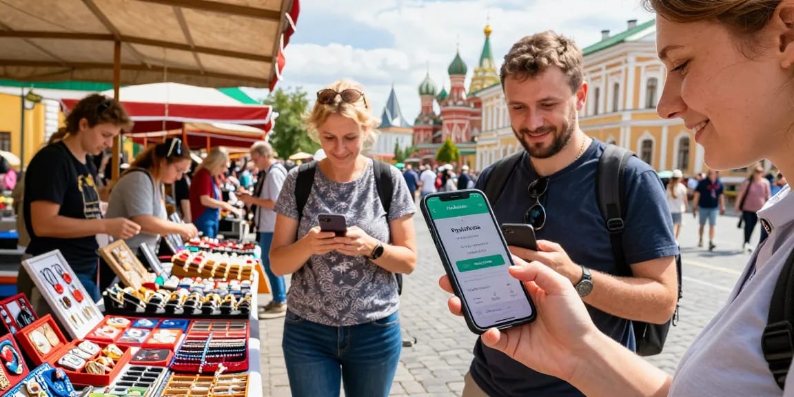 Uso de la aplicación https://payinrussia.com/ para pagos digitales en un vibrante mercado ruso con turistas y vendedores locales.