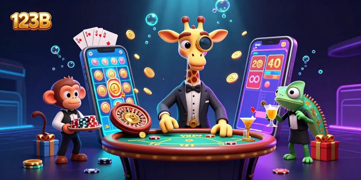 Engage with 123B's thrilling casino scene featuring a high-roller giraffe and vibrant gaming elements.