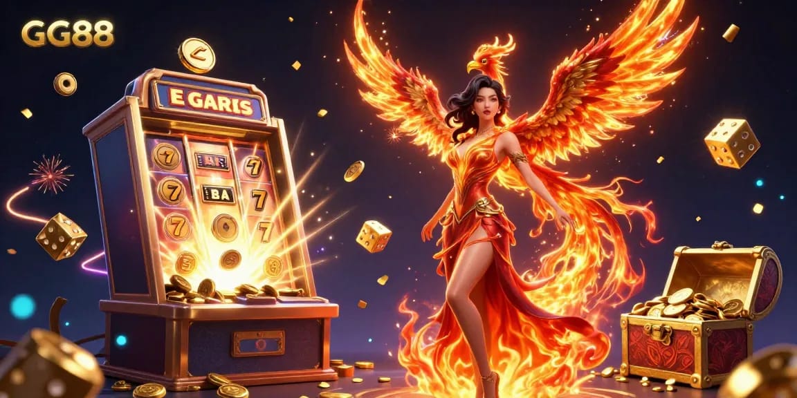 Experience the excitement of GG88 with a stunning illustration featuring a fiery character surrounded by dynamic casino elements.