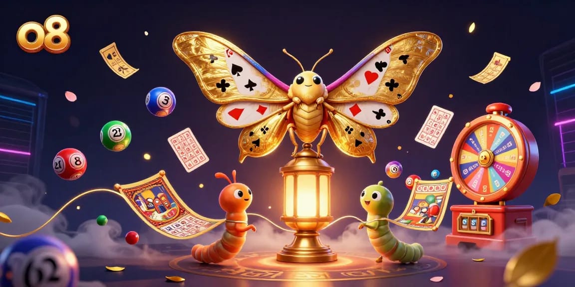 Engage with vibrant lottery balls and golden elements at o8's exciting online casino.