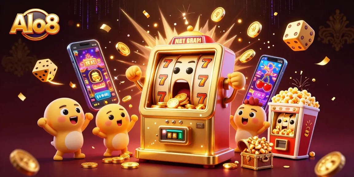 Alo8 delivers thrilling gaming excitement with animated slot machines celebrating a jackpot.