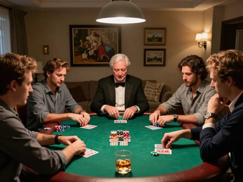 Players engaged in a strategic poker game at home, showing GG88 com app on a smartphone for easy betting access.