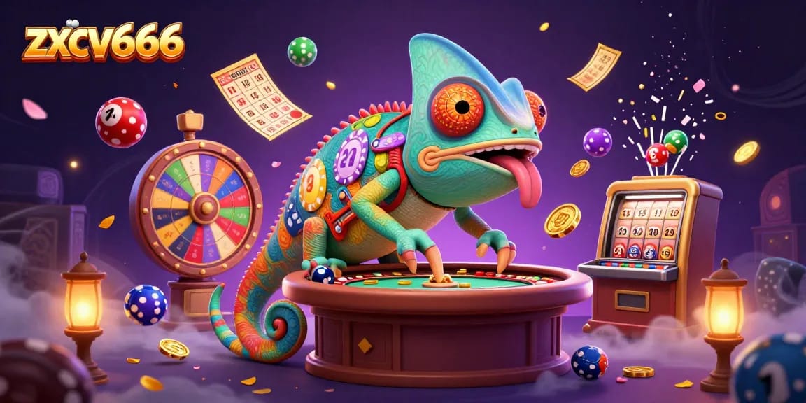 Experience zxcv666's vibrant casino world with colorful games and lucky elements in an engaging 3D illustration.