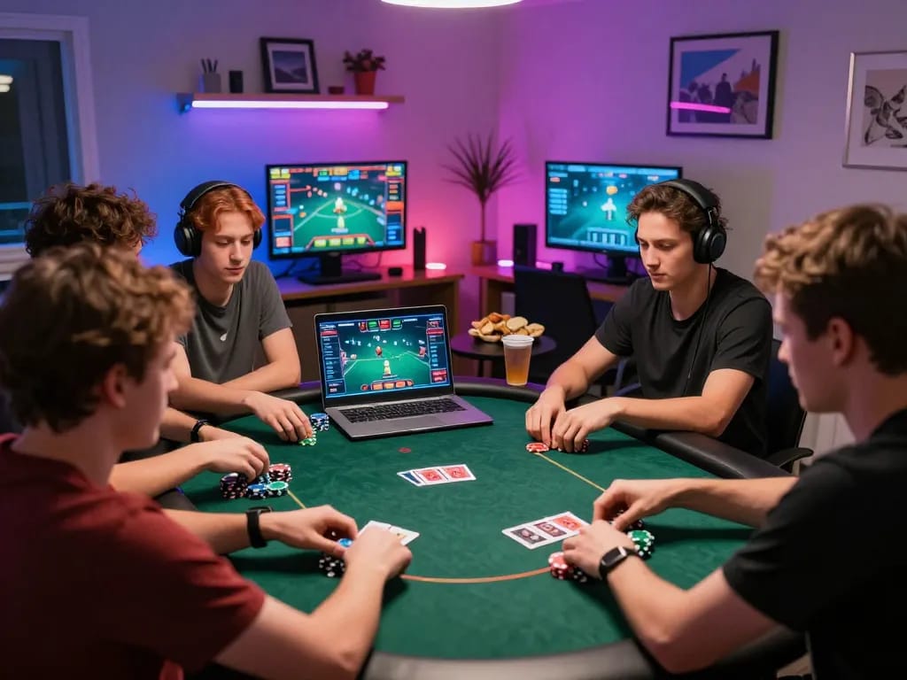 CM88 players enjoying an intense online poker game with chips and cards visible in a cozy setting.