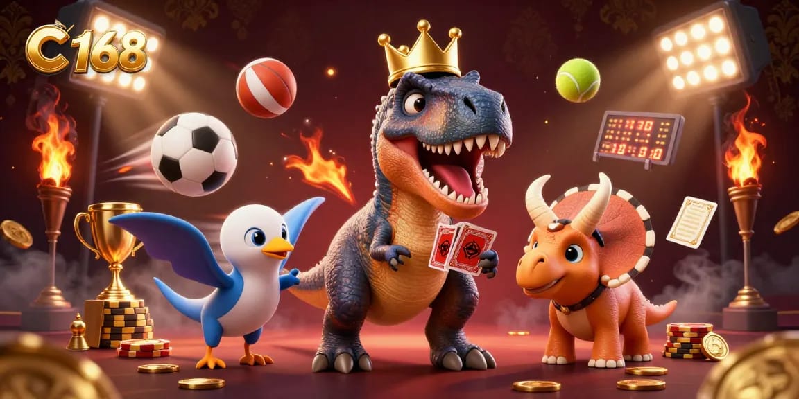 C 168 delivers a thrilling casino experience with a playful T-Rex and friends engaging in exciting games.