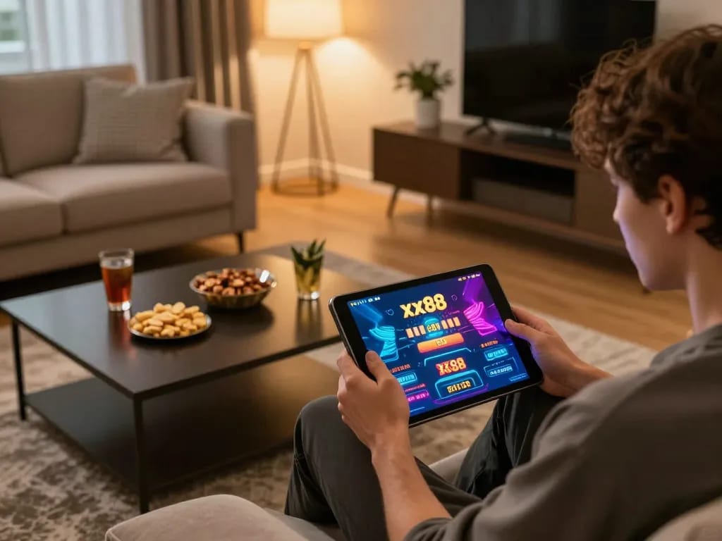 Using xx88 com for online gaming on a tablet in a cozy, stylish living room.