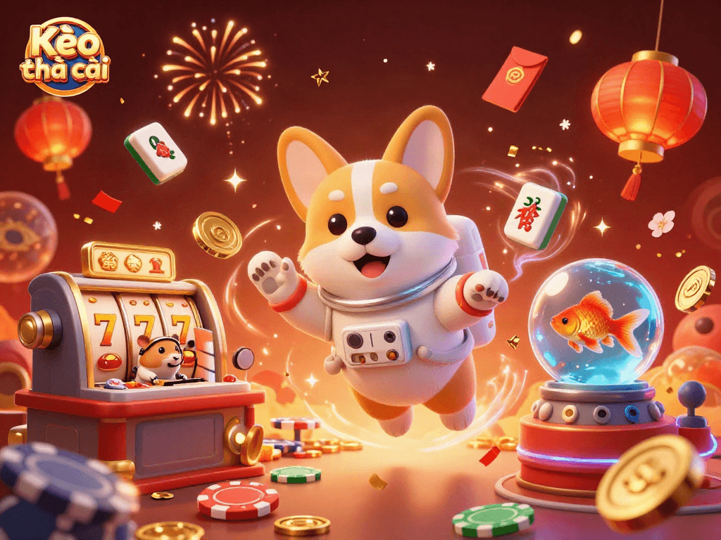 Kèo nhà cái: Cosmic casino adventure with a cartoon astronaut corgi amidst slot reels, festive decor, and animated coins.