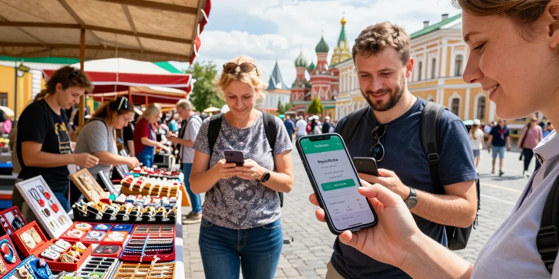 Uso de la aplicación https://payinrussia.com/ para pagos digitales en un vibrante mercado ruso con turistas y vendedores locales.
