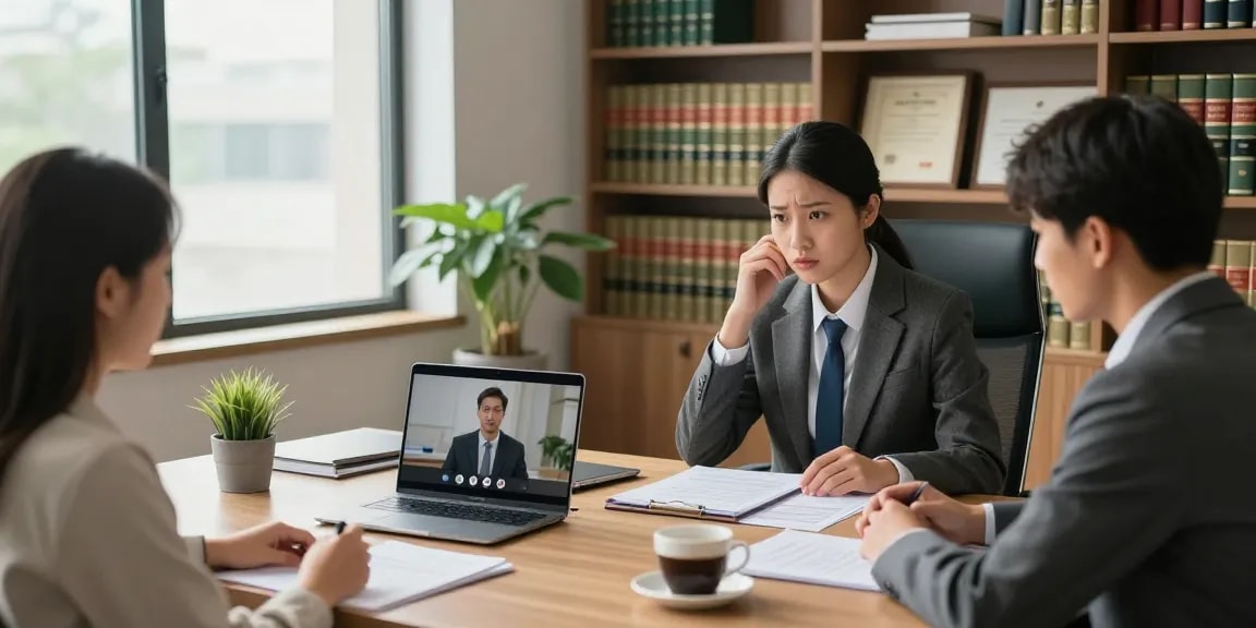 Consulta legal en valken.legal con un abogado en oficina moderna, documentos legales y clientes preocupados.