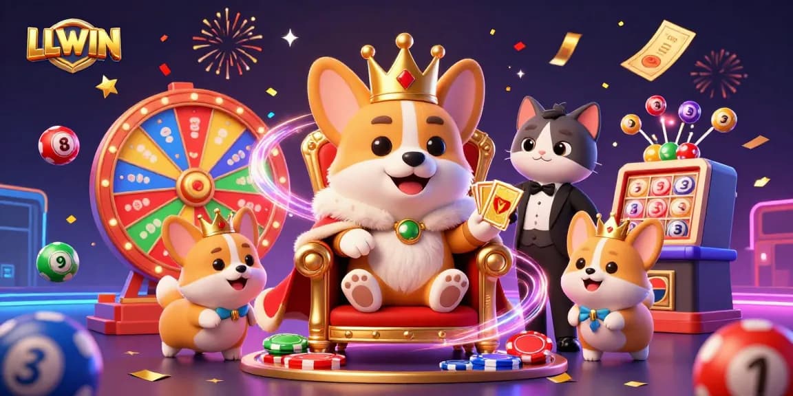 Experience the excitement of LLWIN with a royal corgi amidst vibrant gambling elements.