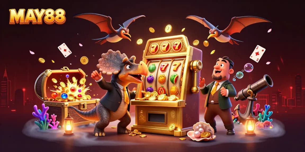 MAY88 brings winnings to life with a 3D pachycephalosaurus jackpot frenzy in a casino.