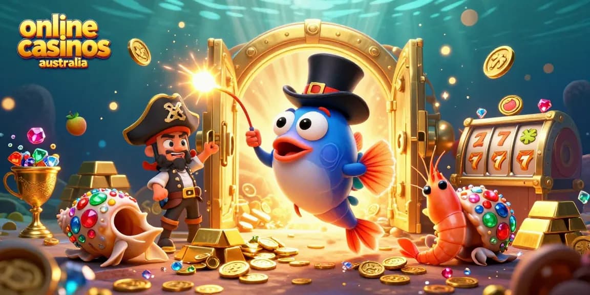 Engage with online casinos Australia featuring a glowing anglerfish, pirate shrimp, and gemstone snail in a vibrant casino treasure scene.