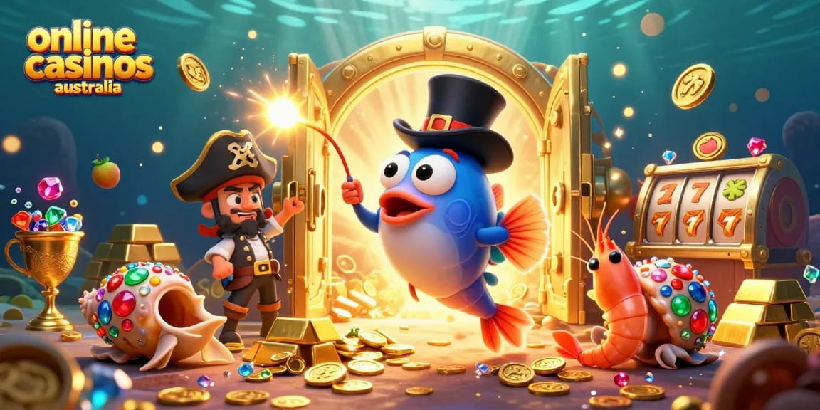 Engage with online casinos Australia featuring a glowing anglerfish, pirate shrimp, and gemstone snail in a vibrant casino treasure scene.