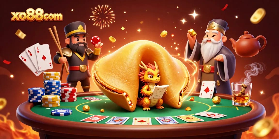 Experience the excitement at xo88com with a vibrant casino scene featuring a golden fortune cookie and poker elements.