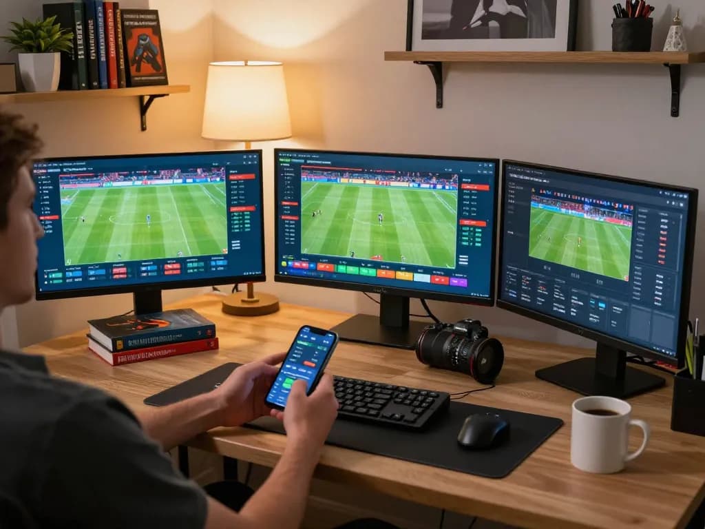 Kèo nhà cái 5: Engaging with a mobile betting app for live sports events in a stylish home office.
