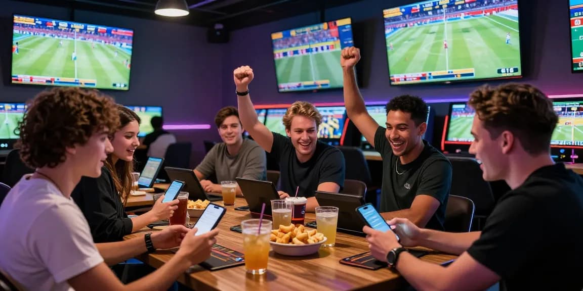 Exciting sports bettors enjoy 22Bet experience in a lively gaming lounge with screens displaying live games.
