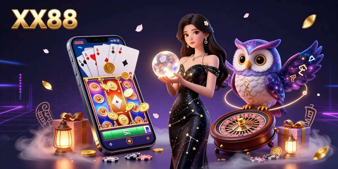 Win big with XX88 by enjoying a vibrant 3D casino scene filled with excitement and gaming action.