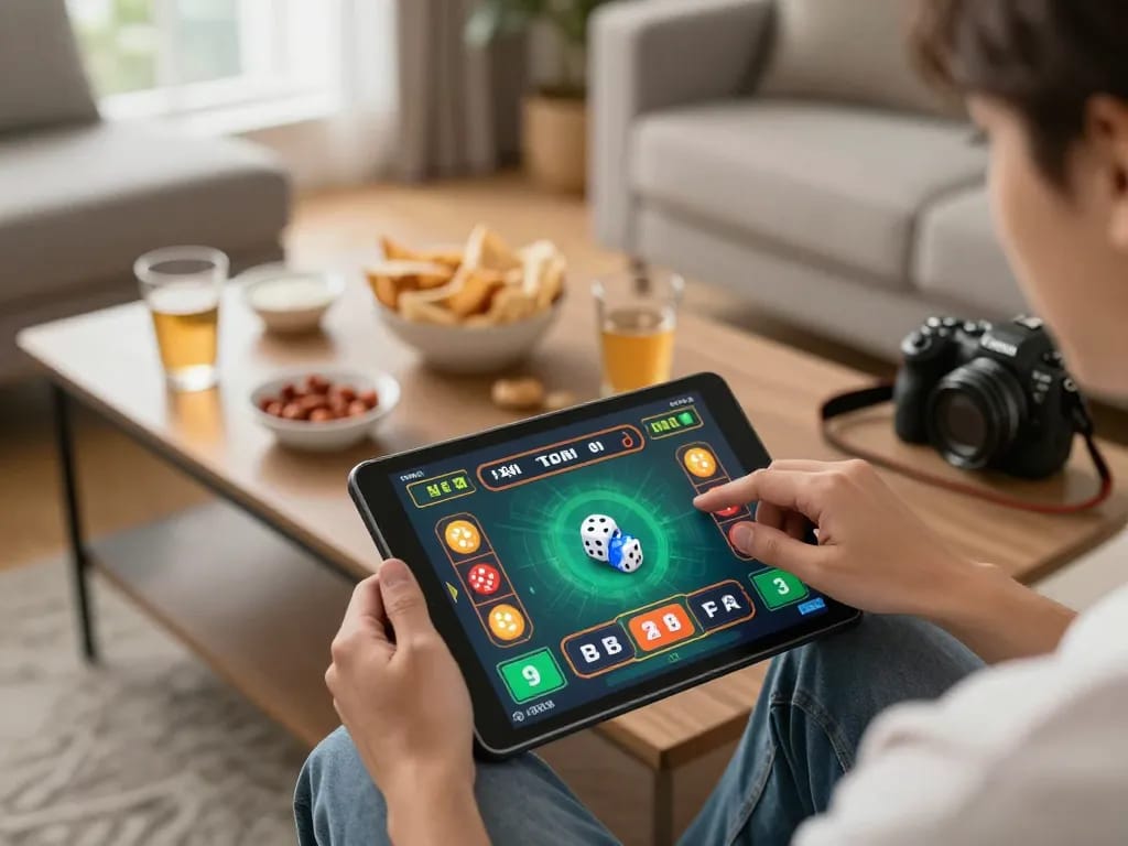 TaiXiuVN online player placing strategic bets during a lively dice game at home.