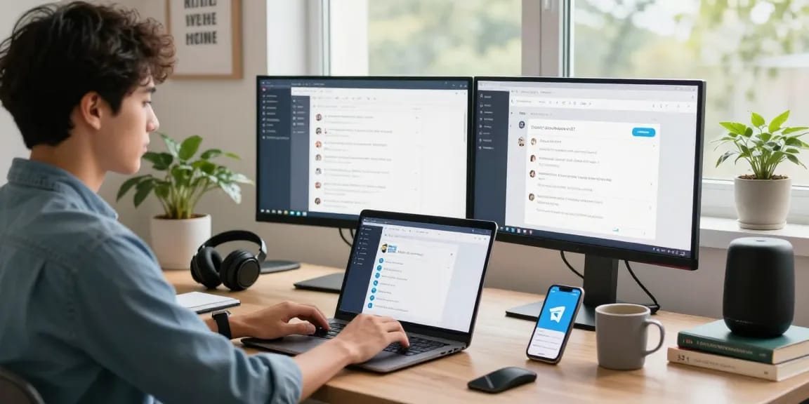 Accessing Telegram Web from a modern home office with dual monitors.