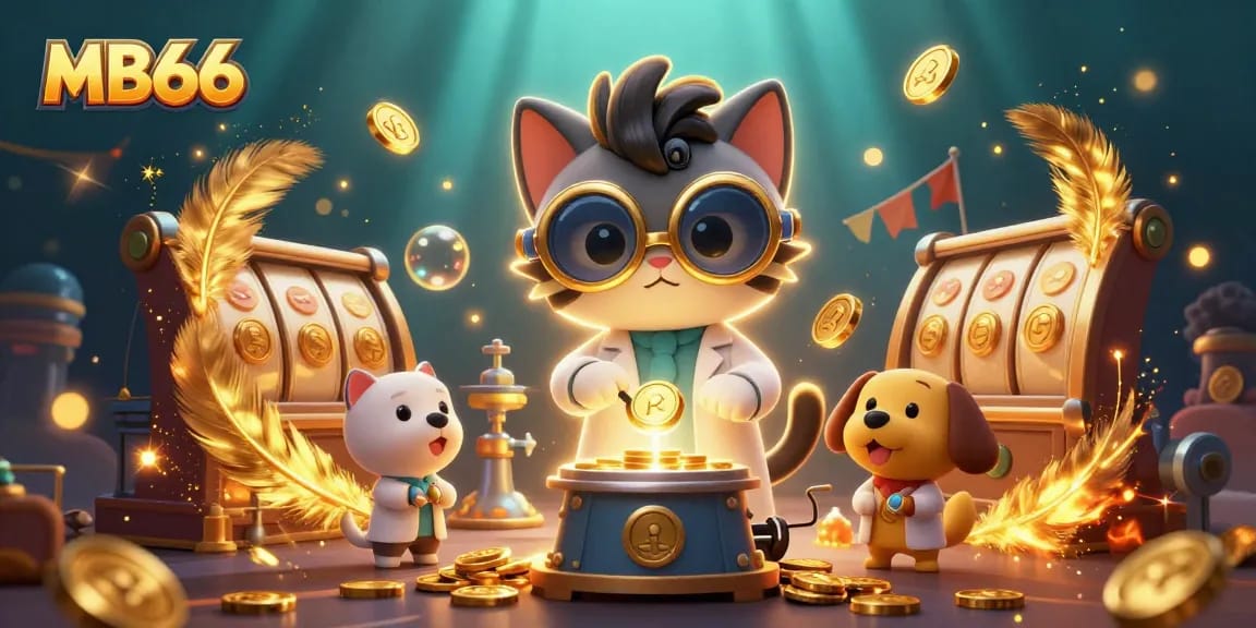 Join the fun at MB66 with a lively scene of cartoon characters creating gold coins amidst a casino atmosphere.